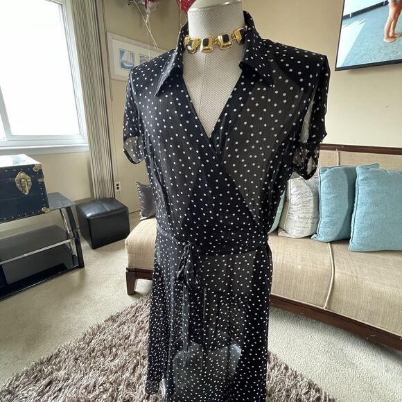 JBS Dress Woman's Size 20W Black White Polka Dot Sheer Faux Wrap with Belt Work - Picture 4 of 13